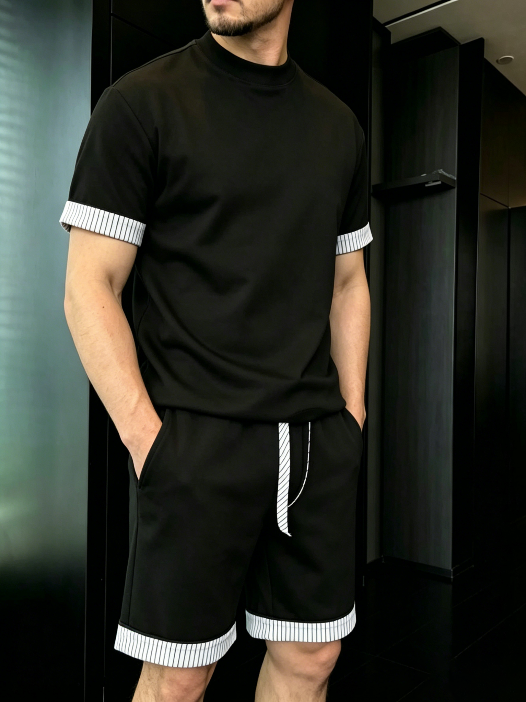 Men's Comfortable Striped Contrast Short-Sleeve Set