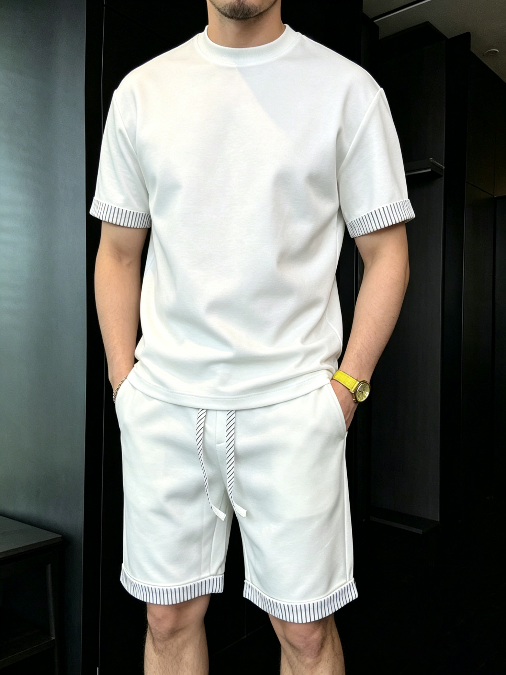 Men's Comfortable Striped Contrast Short-Sleeve Set