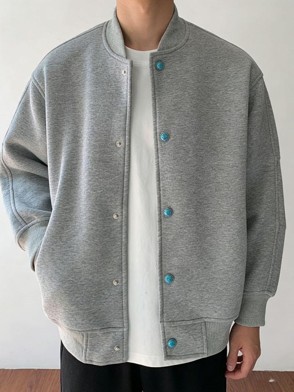 Men’s Smart Casual Stand Collar Jacket – Turquoise Accent Lightweight Coat