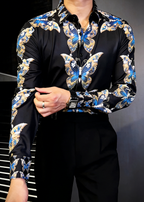 Luxury Baroque Butterfly Rhinestone Printed Shirt - Men's Slim Fit Non-Iron Vintage Dandy Dress Shirt