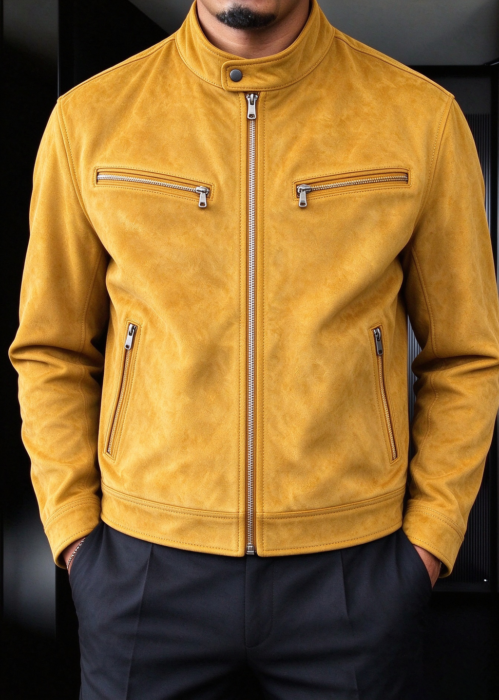 Men’s Faux Suede Moto Jacket – Stand Collar Multi-Zip Casual Jacket