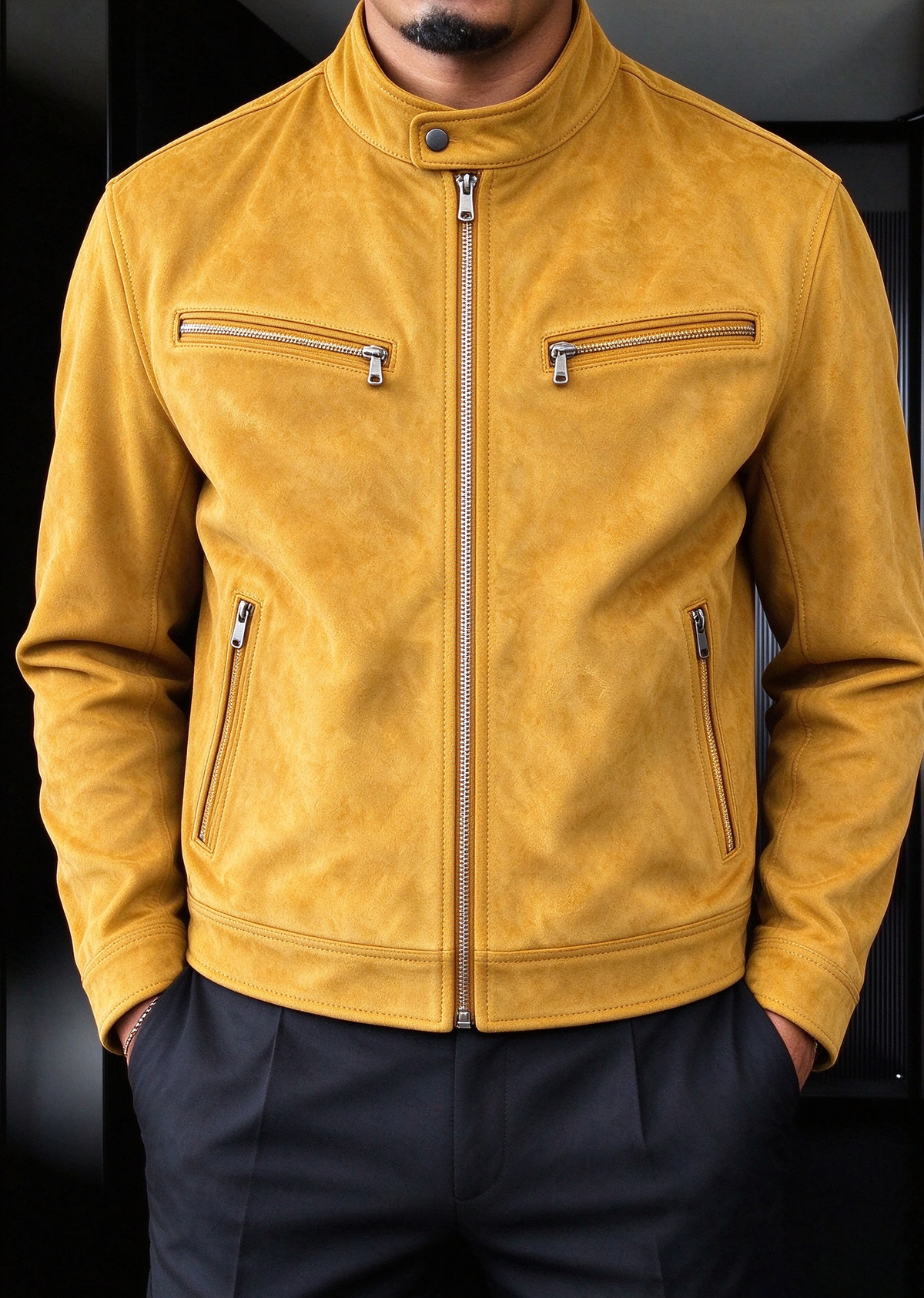Men’s Faux Suede Moto Jacket – Stand Collar Multi-Zip Casual Jacket