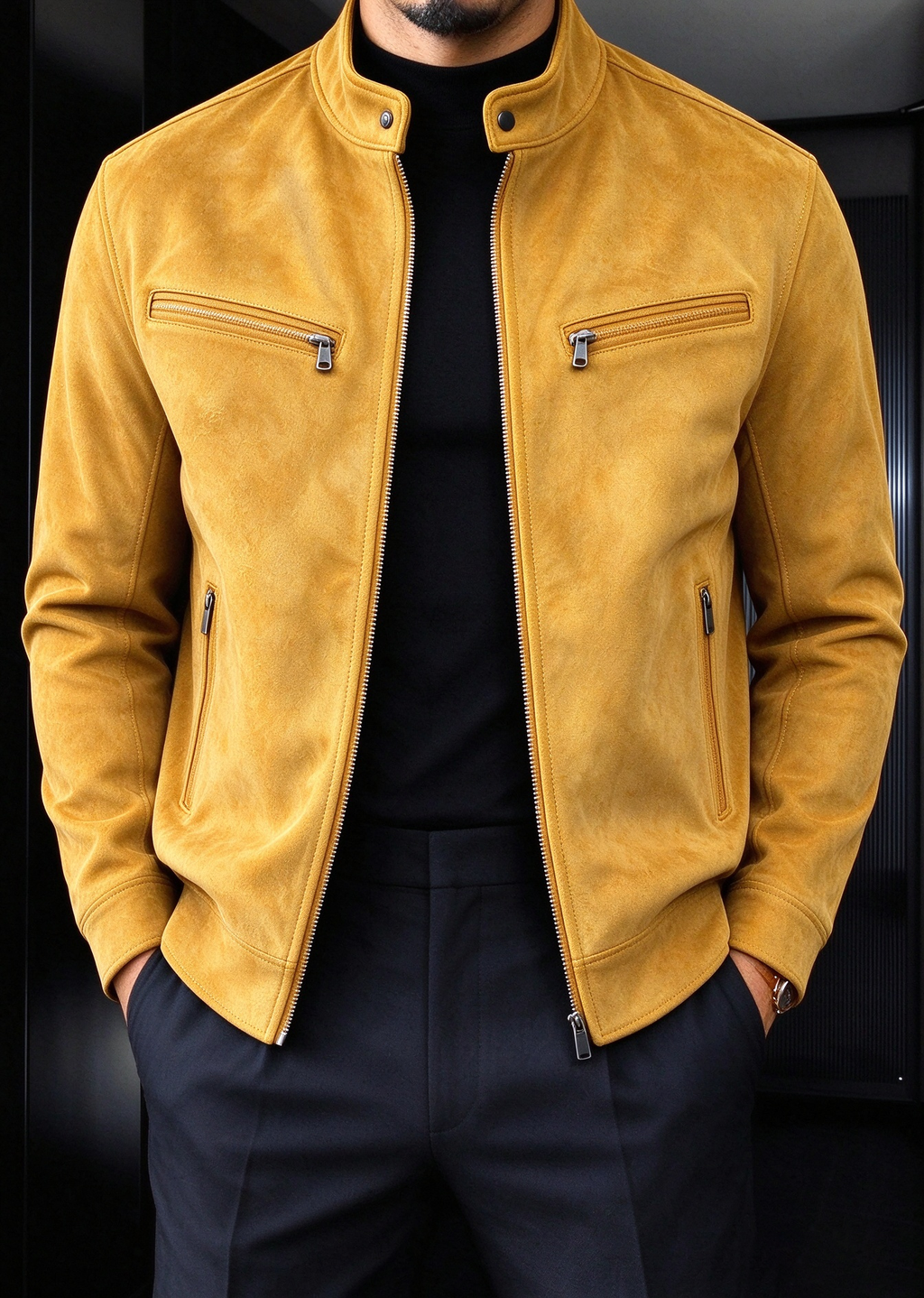 Men’s Faux Suede Moto Jacket – Stand Collar Multi-Zip Casual Jacket