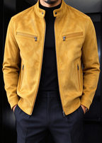 Men’s Faux Suede Moto Jacket – Stand Collar Multi-Zip Casual Jacket