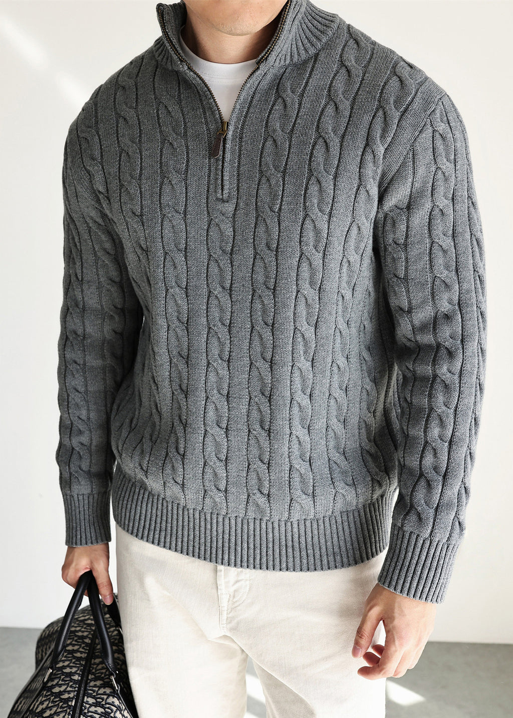 Men's Old Money Cable Knit Quarter-Zip Sweater