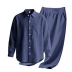 Men's 2-Piece Linen Outfits Casual Long Sleeve Button Down Shirt and Pants Set Beach Vacation Suits