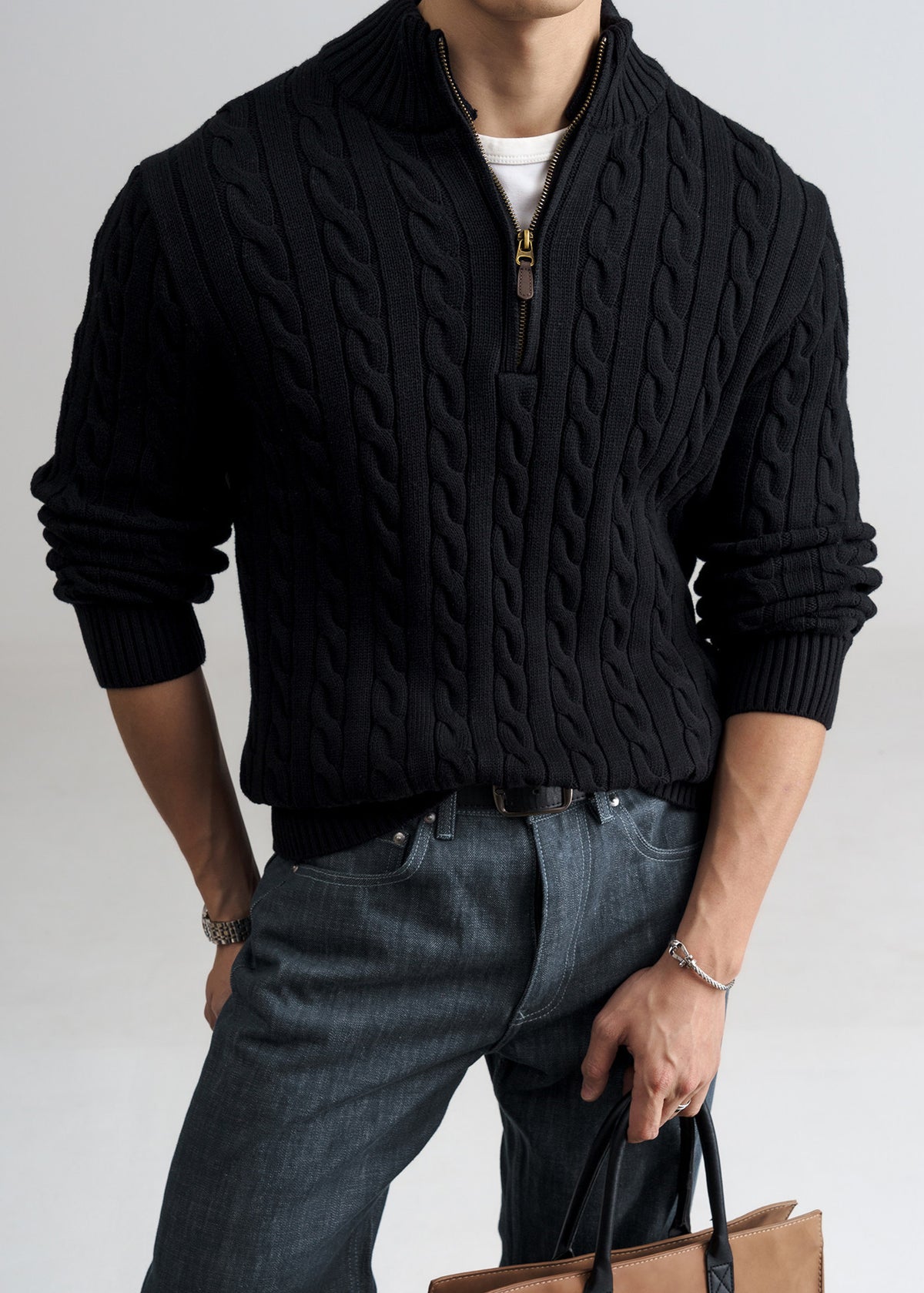 Men's Old Money Cable Knit Quarter-Zip Sweater