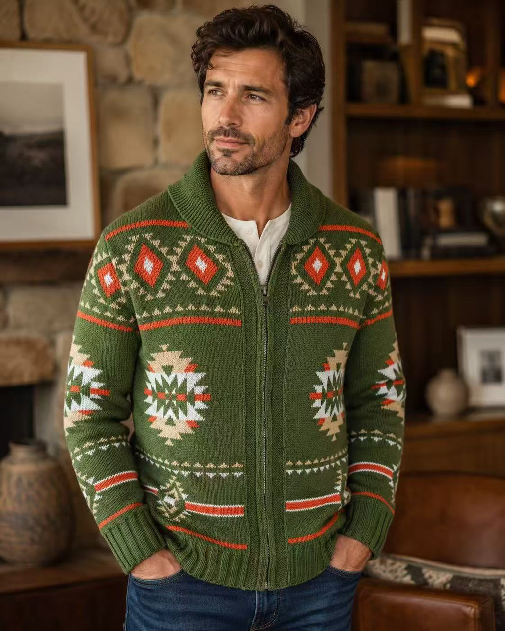 Vintage Navajo Jacquard Zip-Up Cardigan – Men's Heavyweight Shawl Collar Knit Sweater