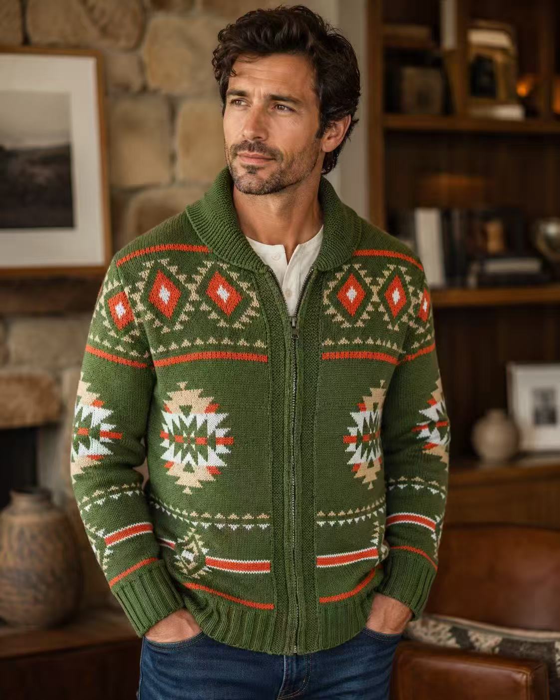 Vintage Navajo Jacquard Zip-Up Cardigan – Men's Heavyweight Shawl Collar Knit Sweater