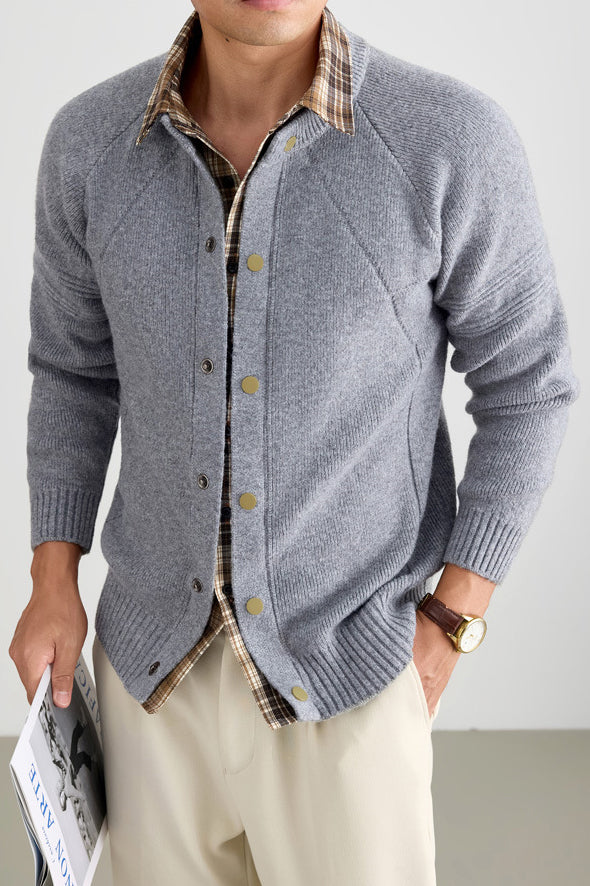 Men's Casual 2-in-1 Layered Knitwear Sweater with Plaid Collar Trim