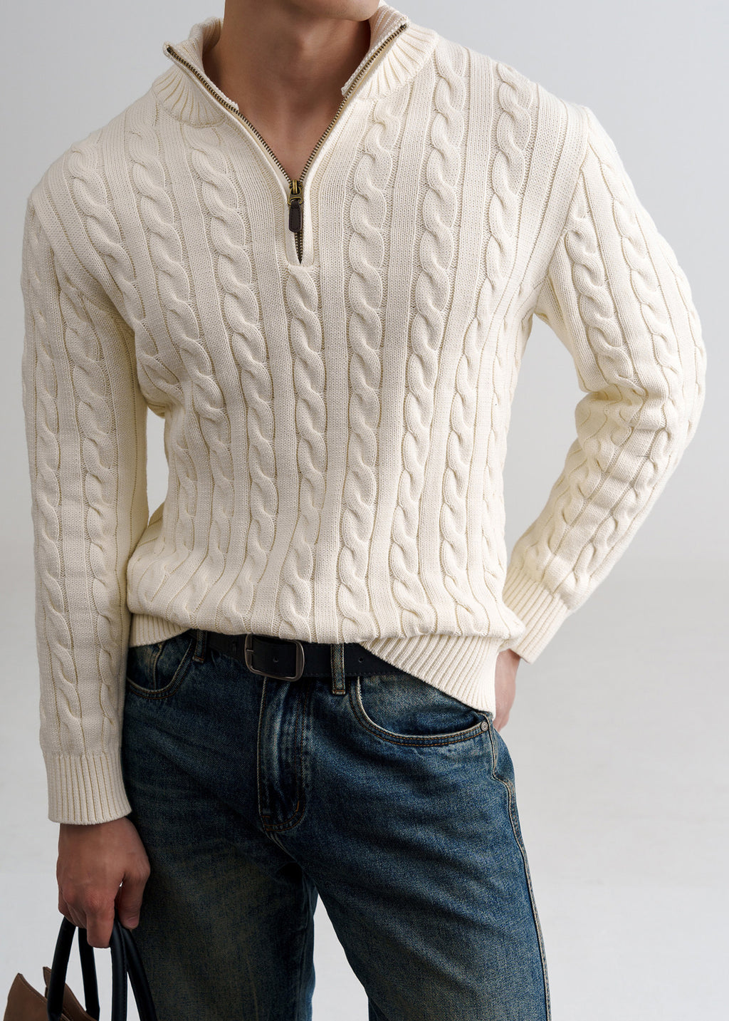 Men's Old Money Cable Knit Quarter-Zip Sweater