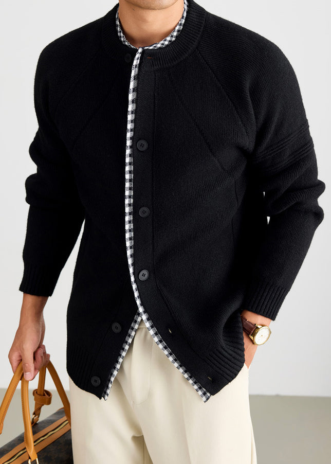 Men's Casual 2-in-1 Layered Knitwear Sweater with Plaid Collar Trim