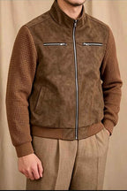 Men's Vintage Faux Suede Patchwork Stand Collar Jacket