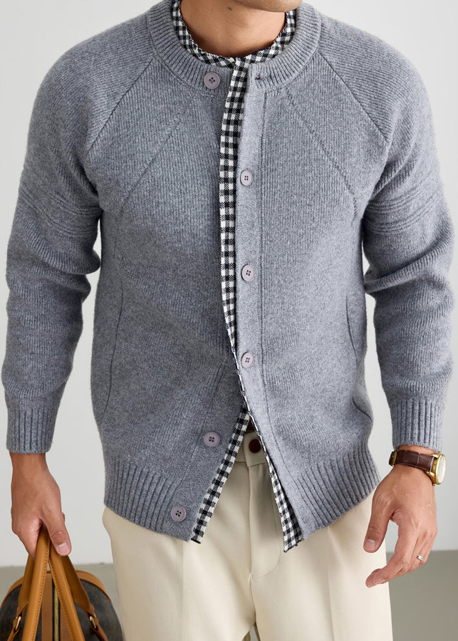 Men's Casual 2-in-1 Layered Knitwear Sweater with Plaid Collar Trim