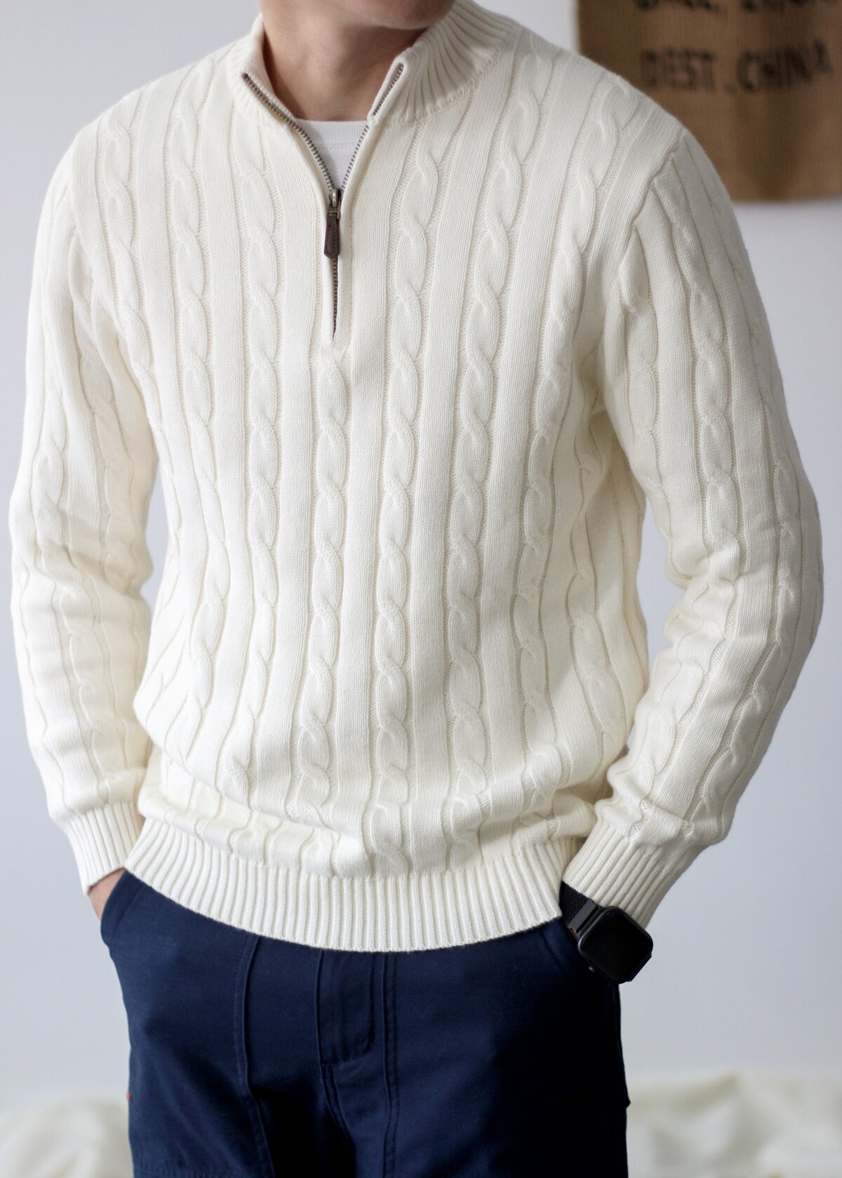 Men's Old Money Cable Knit Quarter-Zip Sweater