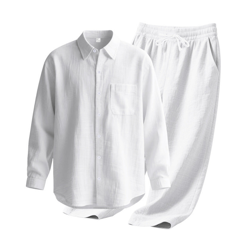 Men's 2-Piece Linen Outfits Casual Long Sleeve Button Down Shirt and Pants Set Beach Vacation Suits
