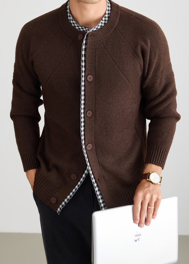Men's Casual 2-in-1 Layered Knitwear Sweater with Plaid Collar Trim