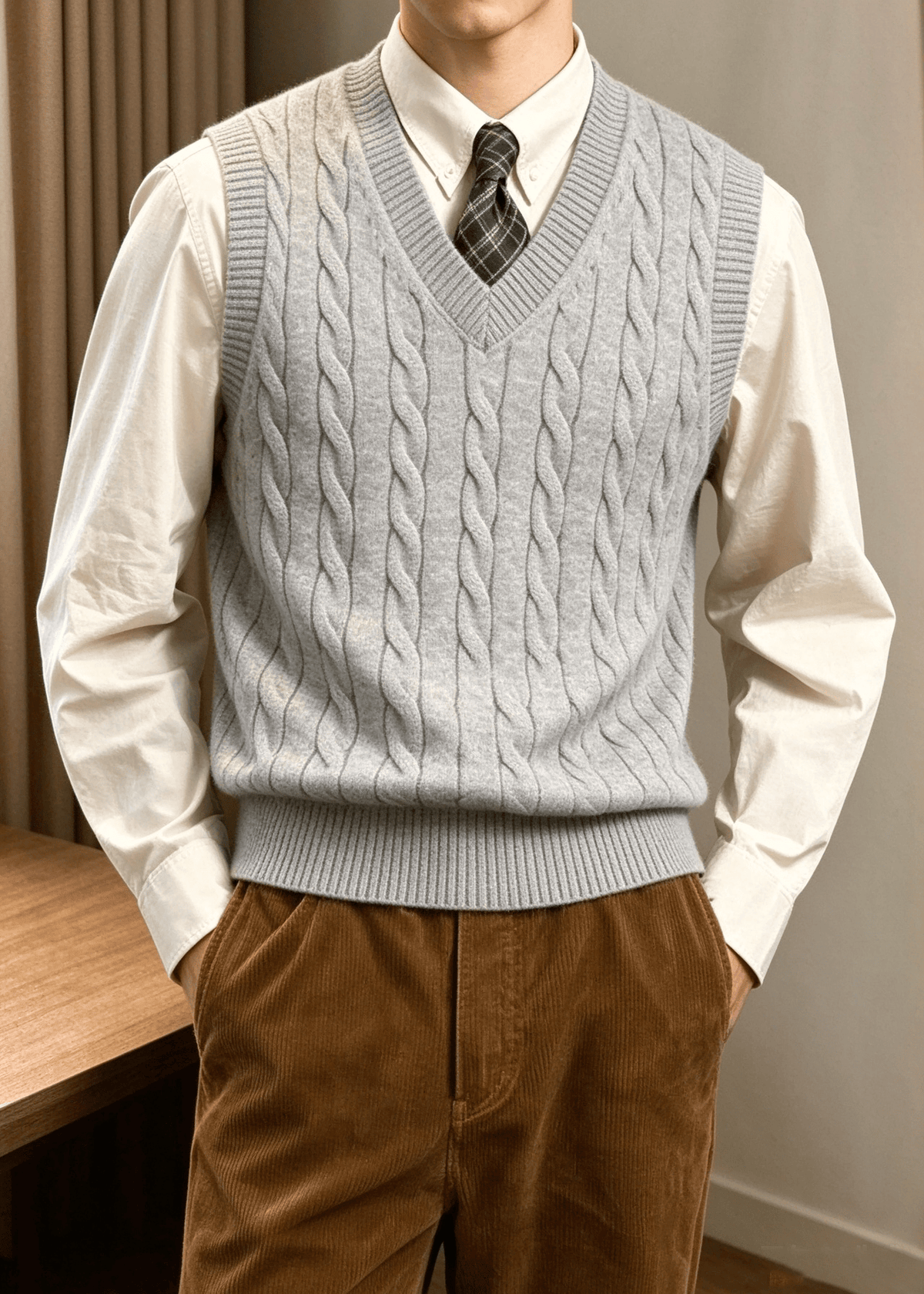 Men’s Cable Knit V-Neck Sweater Vest – Classic Sleeveless Pullover for Layering