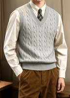 Men’s Cable Knit V-Neck Sweater Vest – Classic Sleeveless Pullover for Layering