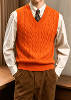 Men’s Cable Knit V-Neck Sweater Vest – Classic Sleeveless Pullover for Layering