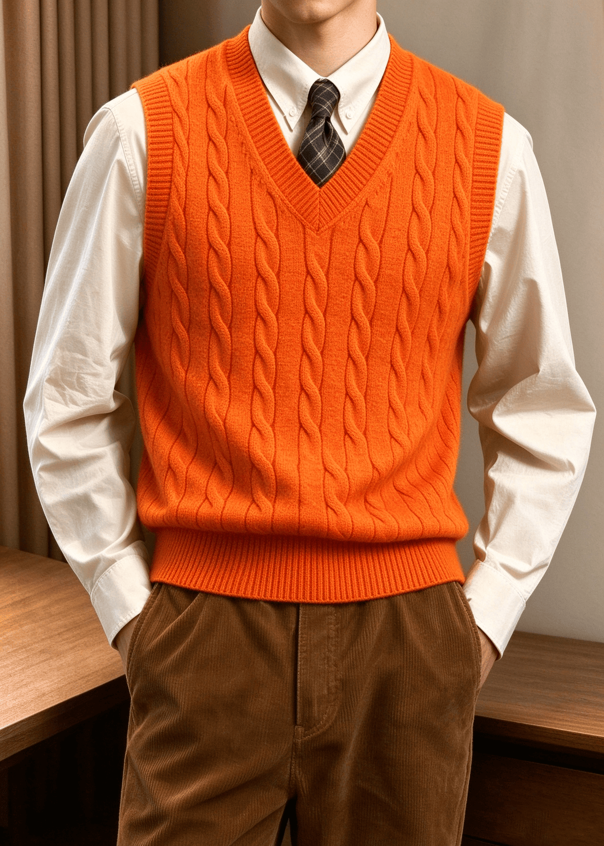 Men’s Cable Knit V-Neck Sweater Vest – Classic Sleeveless Pullover for Layering