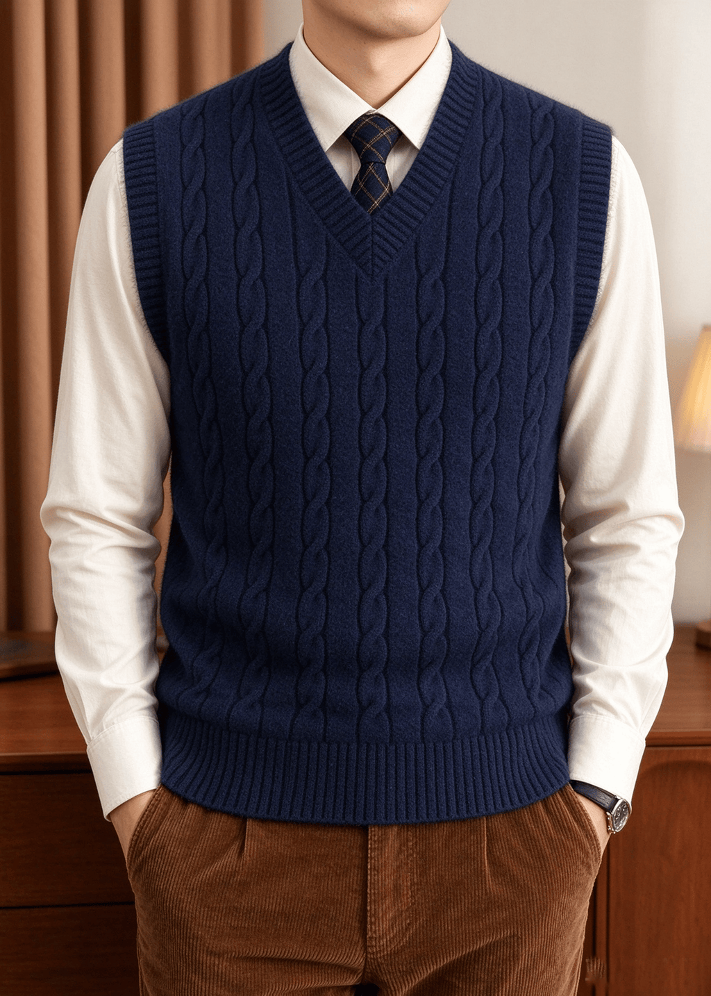 Men’s Cable Knit V-Neck Sweater Vest – Classic Sleeveless Pullover for Layering
