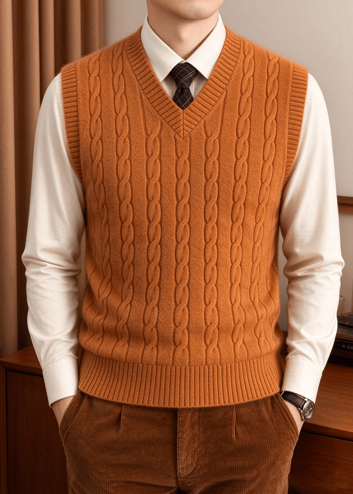 Men’s Cable Knit V-Neck Sweater Vest – Classic Sleeveless Pullover for Layering