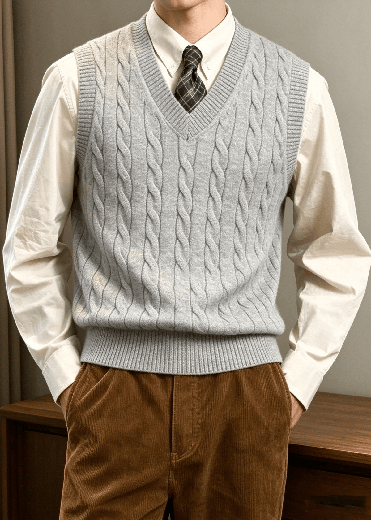 Men’s Cable Knit V-Neck Sweater Vest – Classic Sleeveless Pullover for Layering