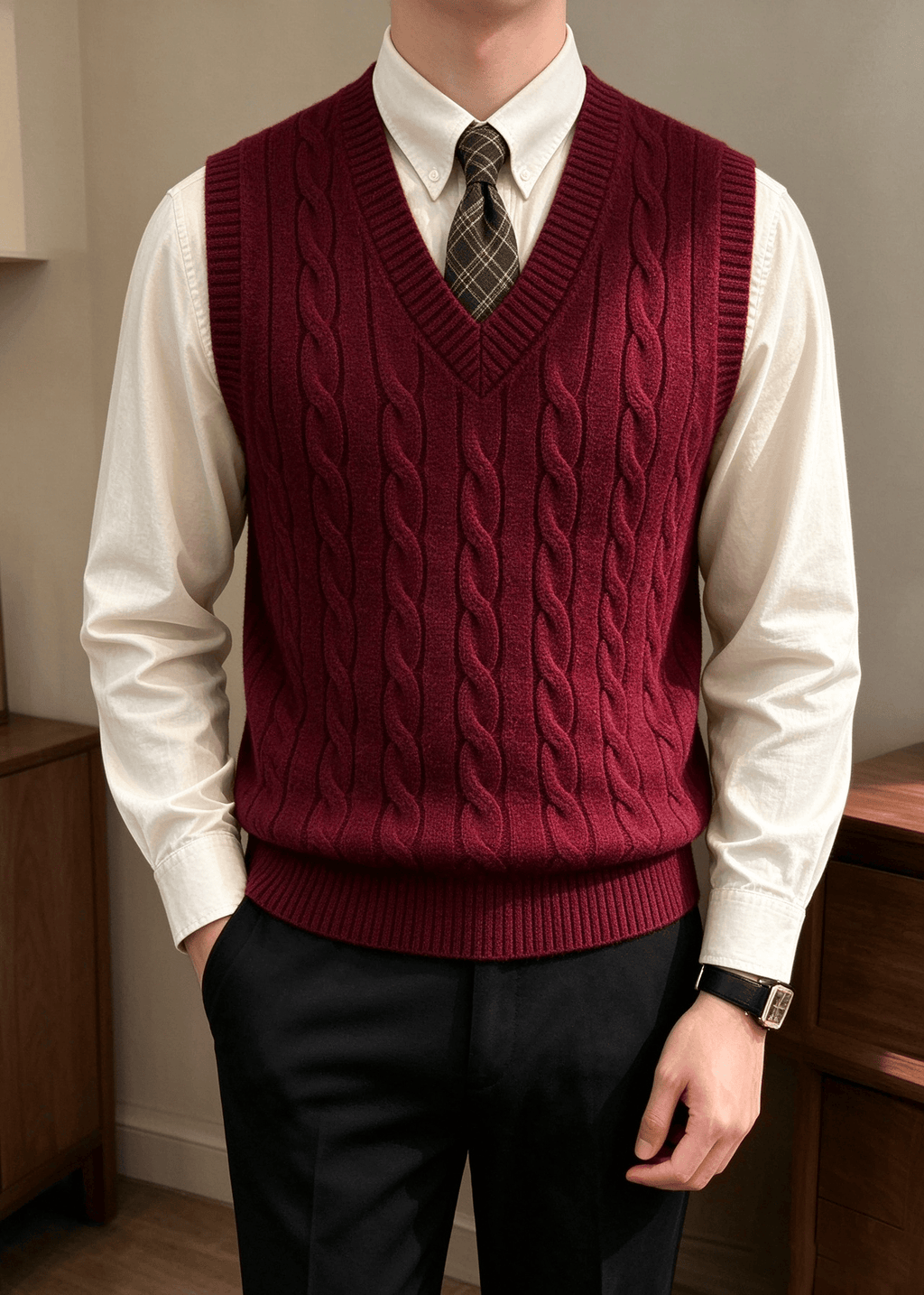 Men’s Cable Knit V-Neck Sweater Vest – Classic Sleeveless Pullover for Layering