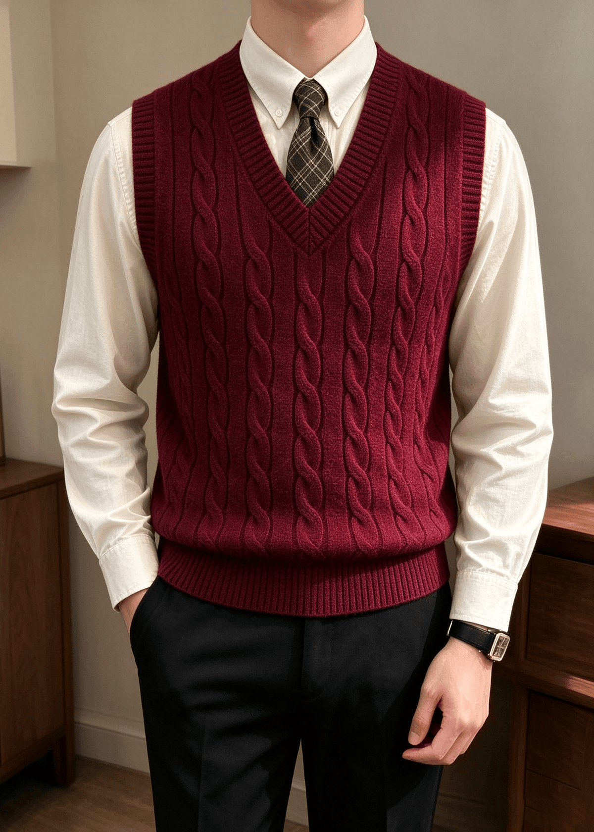 Men’s Cable Knit V-Neck Sweater Vest – Classic Sleeveless Pullover for Layering