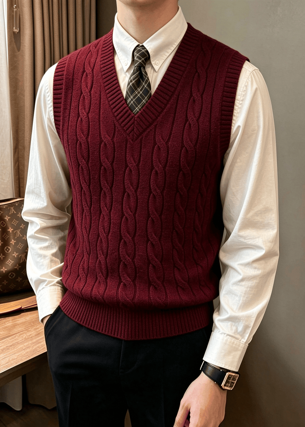 Men’s Cable Knit V-Neck Sweater Vest – Classic Sleeveless Pullover for Layering