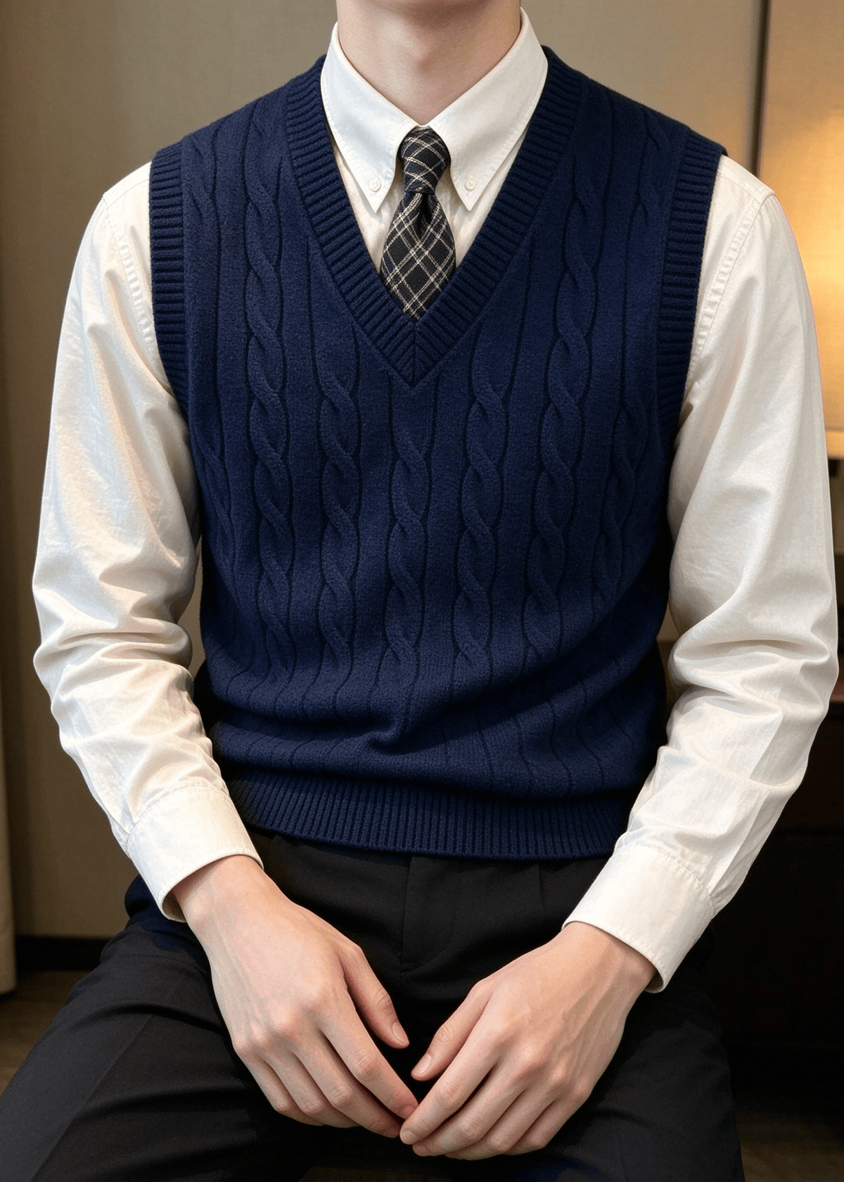 Men’s Cable Knit V-Neck Sweater Vest – Classic Sleeveless Pullover for Layering