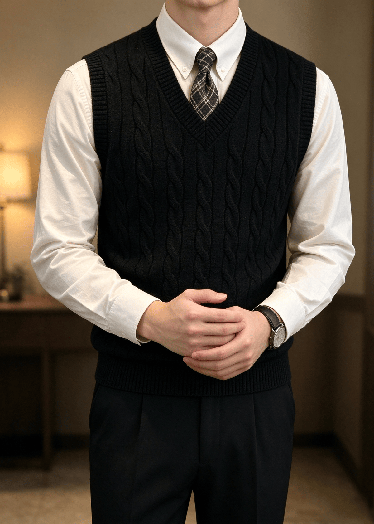 Men’s Cable Knit V-Neck Sweater Vest – Classic Sleeveless Pullover for Layering
