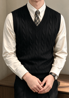 Men’s Cable Knit V-Neck Sweater Vest – Classic Sleeveless Pullover for Layering