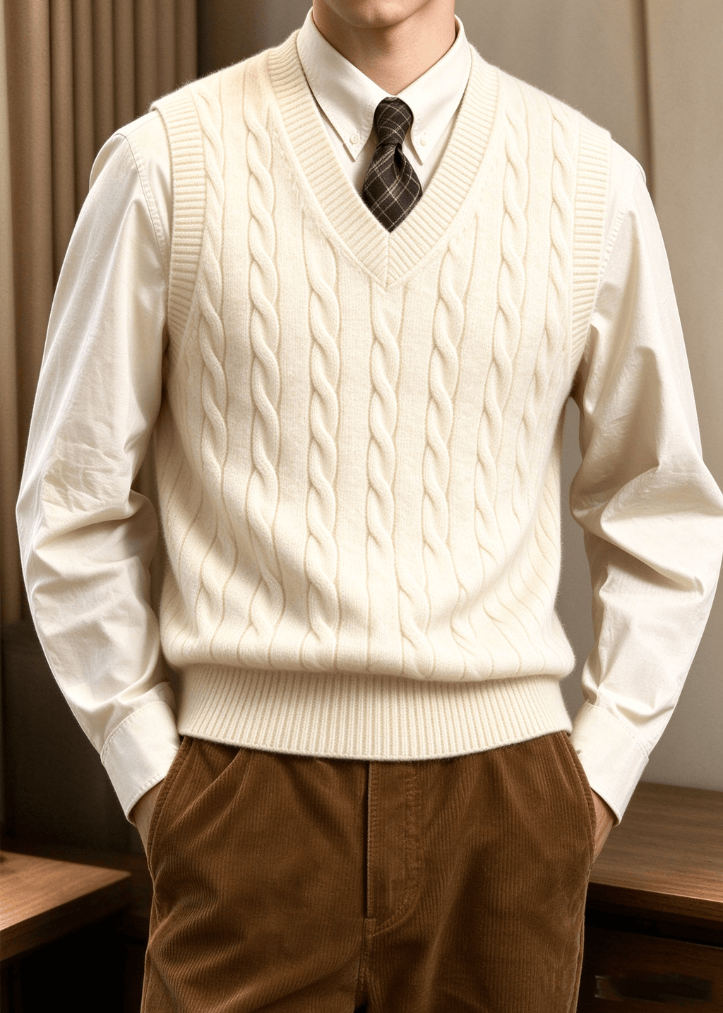 Men’s Cable Knit V-Neck Sweater Vest – Classic Sleeveless Pullover for Layering