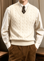 Men’s Cable Knit V-Neck Sweater Vest – Classic Sleeveless Pullover for Layering