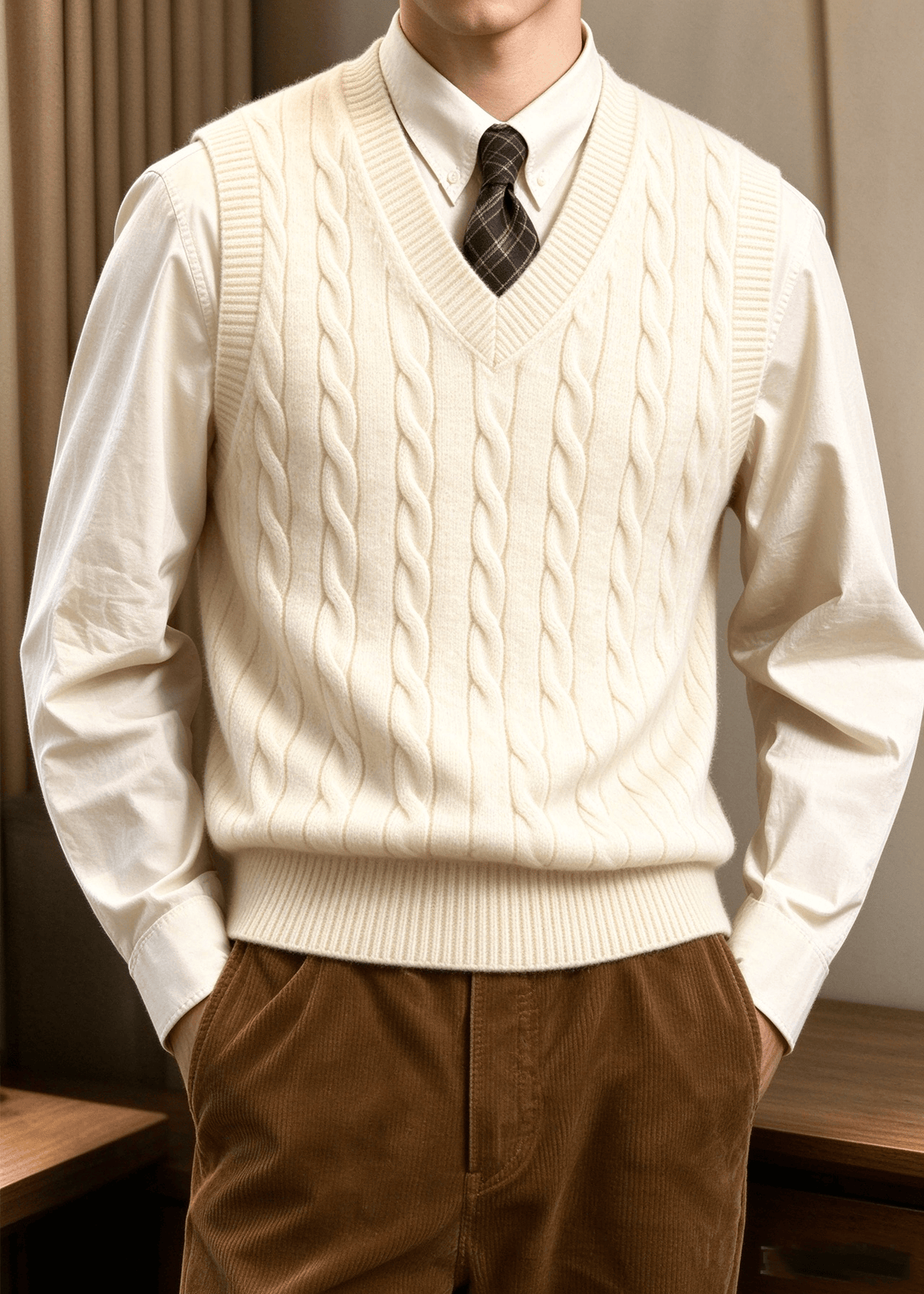 Men’s Cable Knit V-Neck Sweater Vest – Classic Sleeveless Pullover for Layering