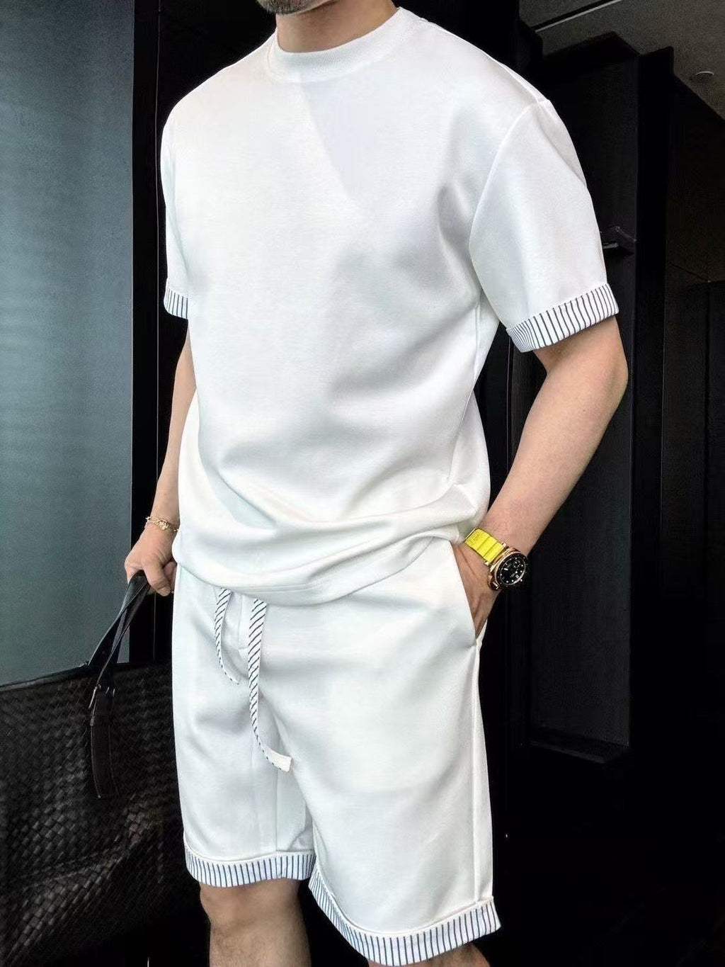 Men's Comfortable Striped Contrast Short-Sleeve Set