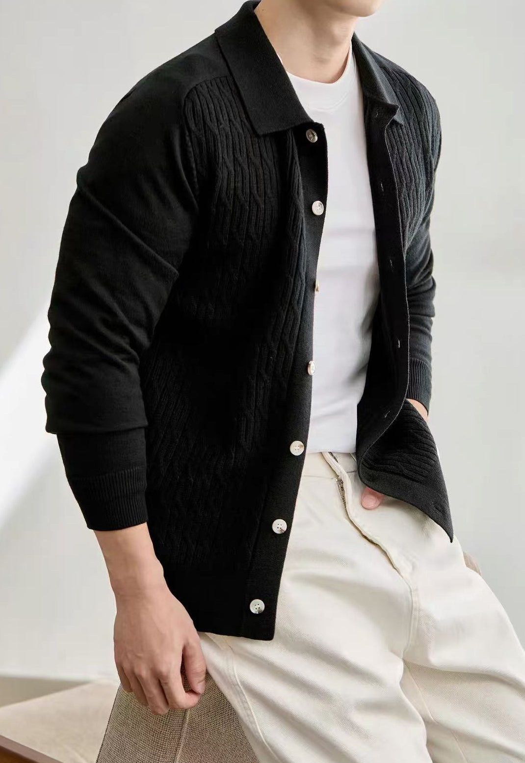 Men's Casual Polo Collar Button-Up Knit Cardigan