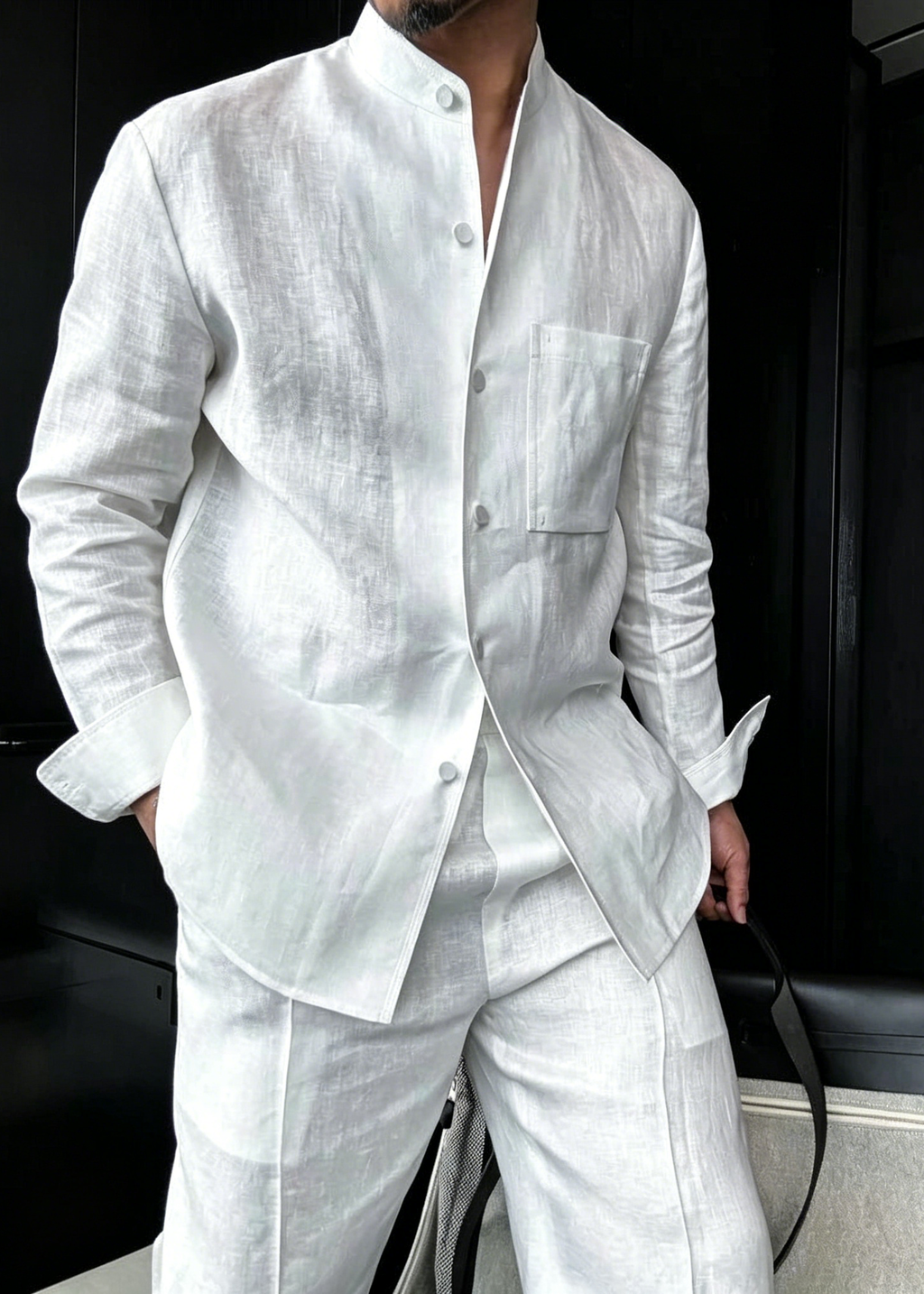 Premium Men's Linen Blend Mandarin Collar Set - Effortless Old Money Aesthetic Summer Lounge Suit