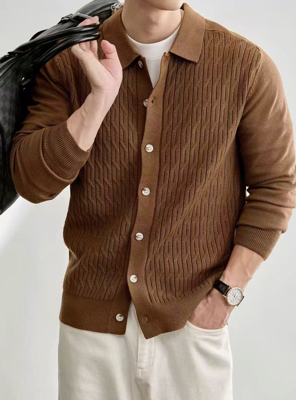 Men's Casual Polo Collar Button-Up Knit Cardigan