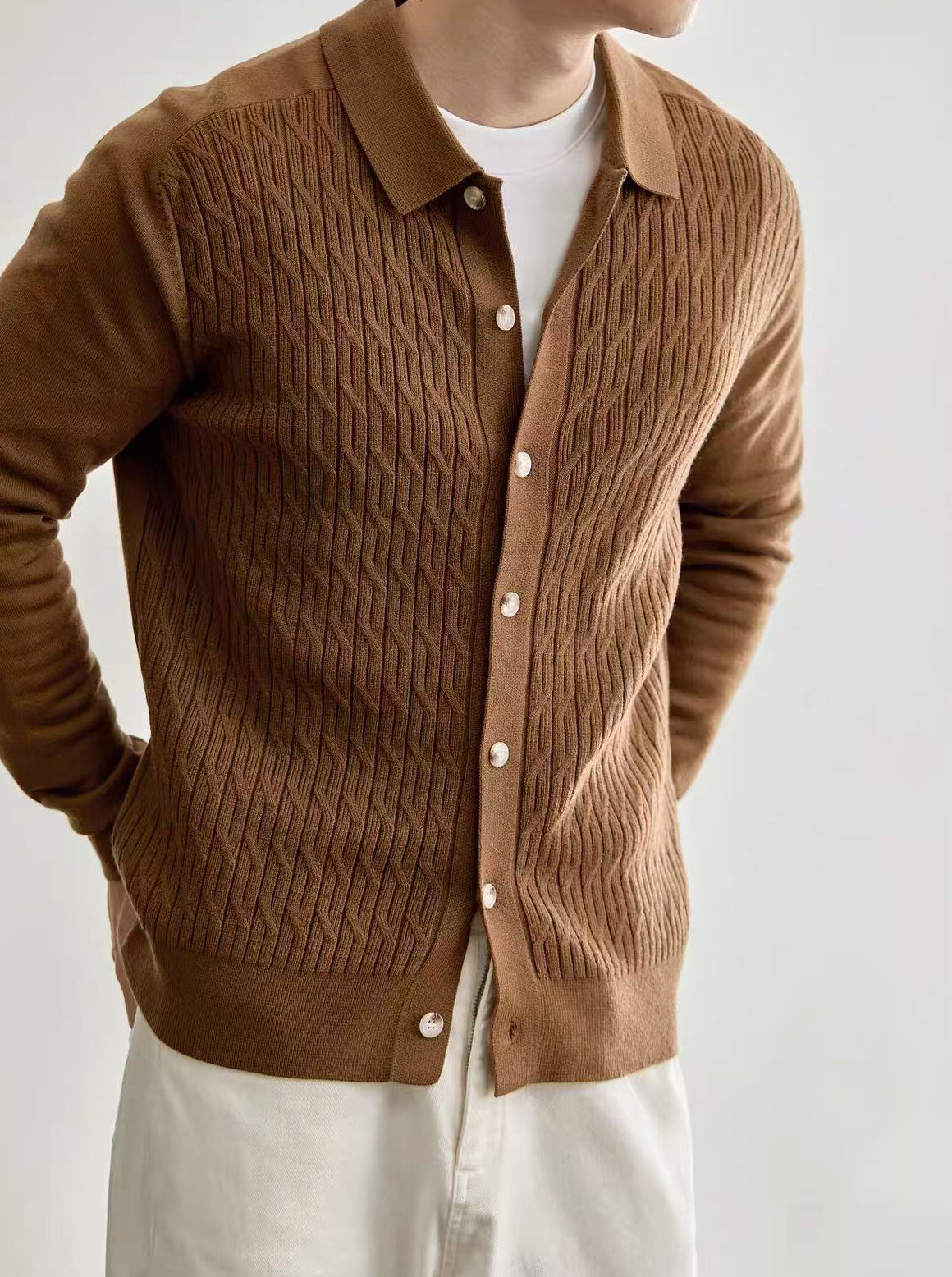 Men's Casual Polo Collar Button-Up Knit Cardigan