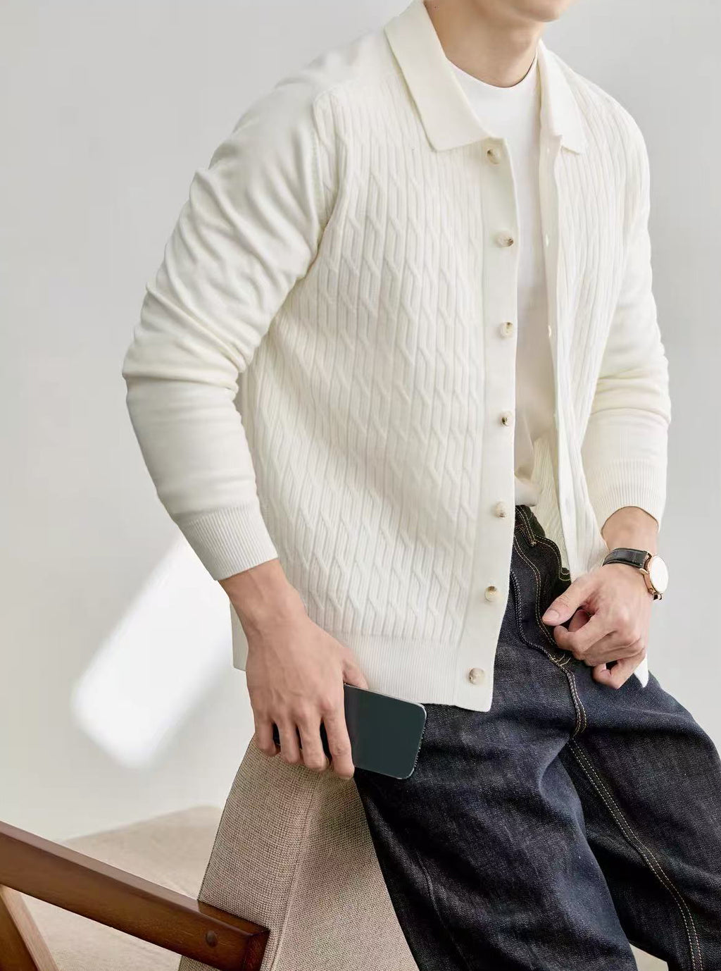 Men's Casual Polo Collar Button-Up Knit Cardigan