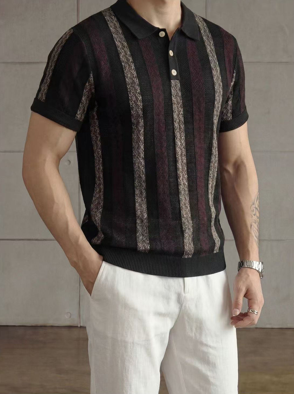 Men's Premium Vintage Striped Knit Polo Shirt