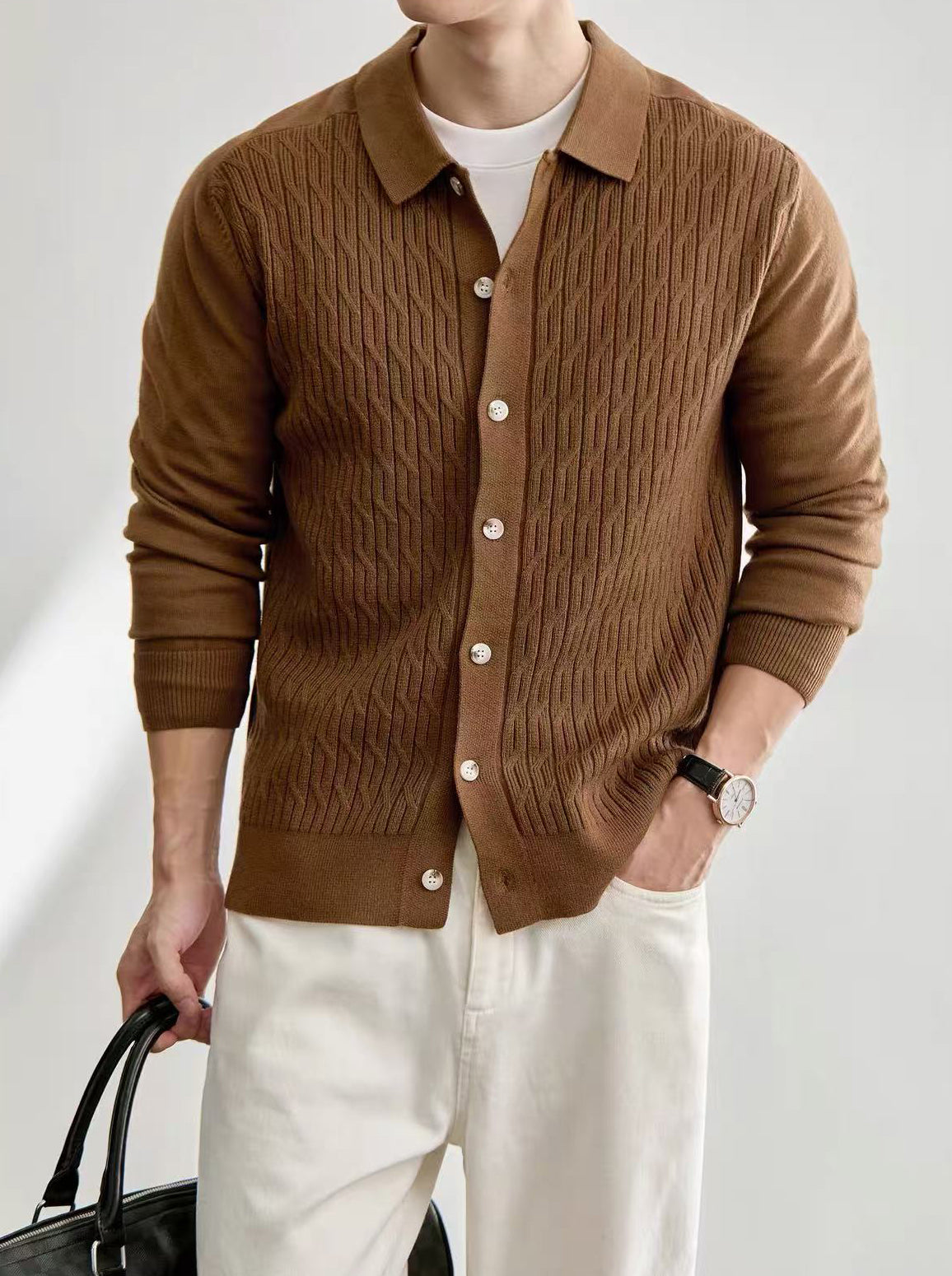Men's Casual Polo Collar Button-Up Knit Cardigan