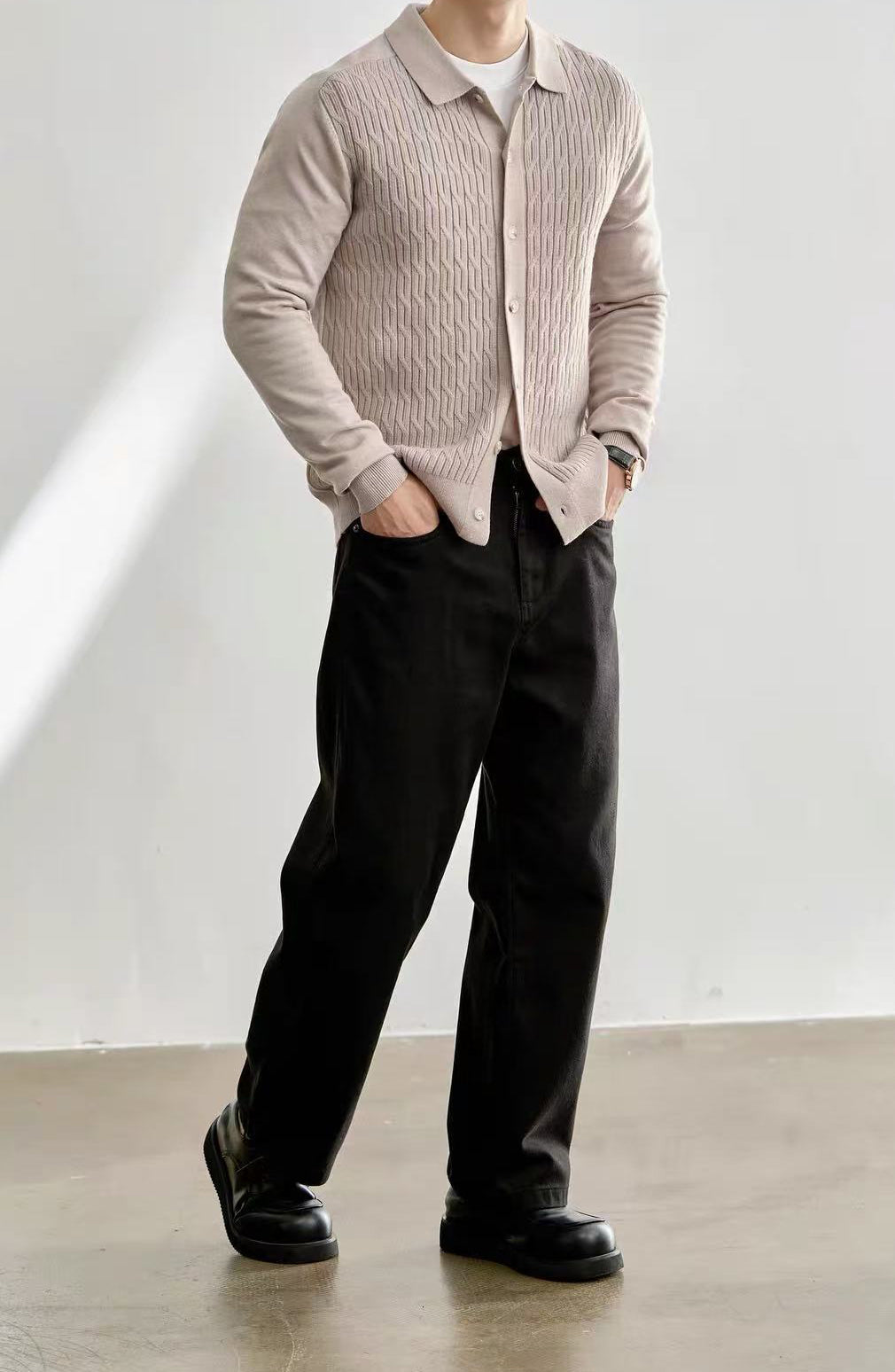 Men's Casual Polo Collar Button-Up Knit Cardigan