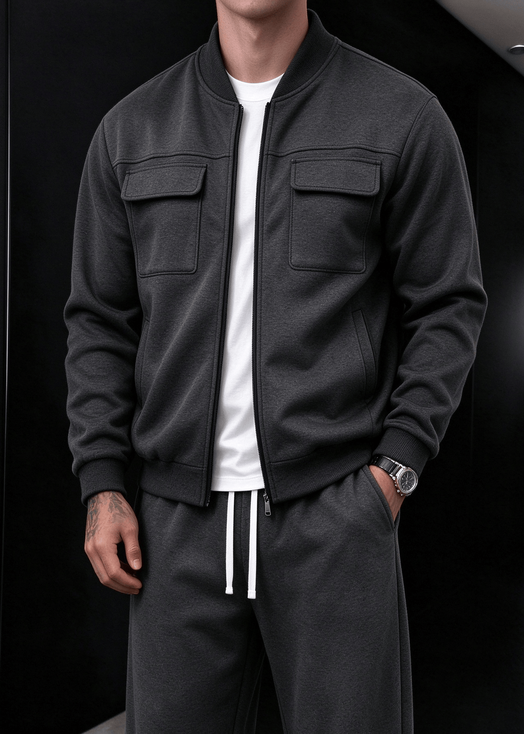 Men’s Fleece-Lined Utility Bomber Jacket & Wide-Leg Pants Set