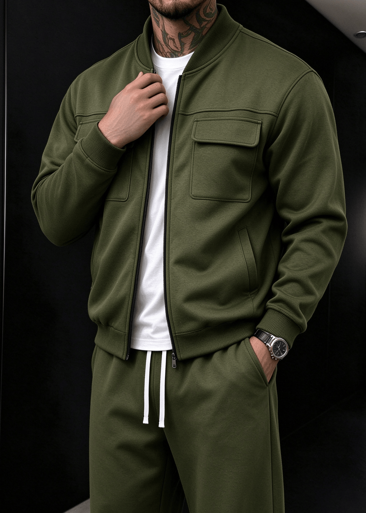 Men’s Fleece-Lined Utility Bomber Jacket & Wide-Leg Pants Set