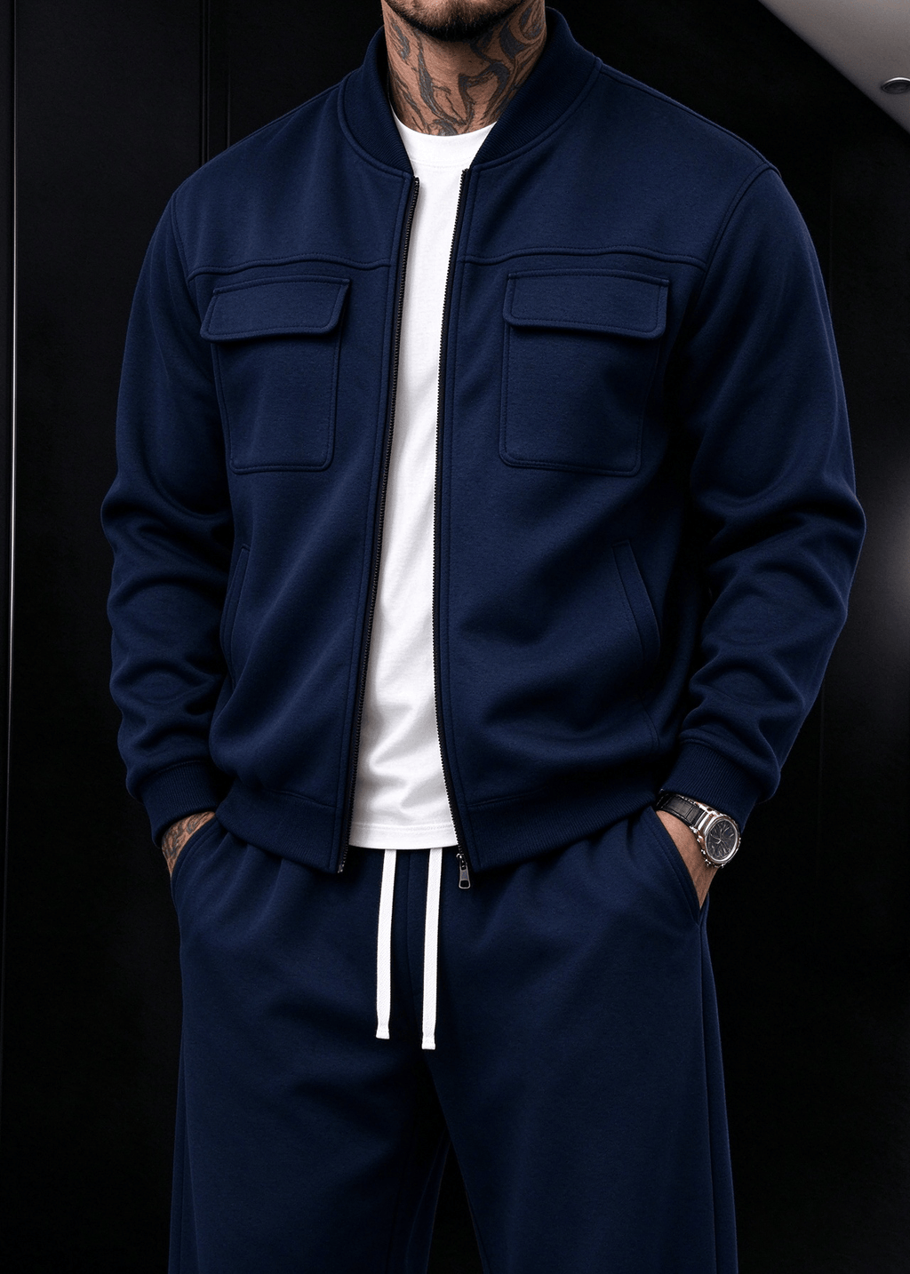 Men’s Fleece-Lined Utility Bomber Jacket & Wide-Leg Pants Set