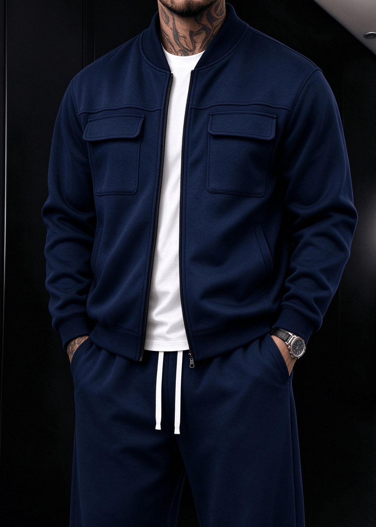 Men’s Fleece-Lined Utility Bomber Jacket & Wide-Leg Pants Set